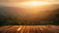 Generative AI Wooden table on blur mountain morning or evening view landscape Warm feeling in orange or brown tone Royalty Free Stock Photo