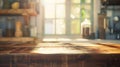 Generative AI Wooden table on blurred background of kitchen window and shelves business concept. Royalty Free Stock Photo