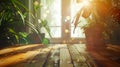 Generative AI Wooden table on the blurred light abstract home with plants and windows background bokeh special emp