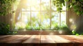 Generative AI Wooden table on the blurred light abstract home with plants and windows background bokeh special emp