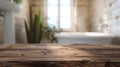 Generative AI Wooden table in front of blurred bathroom interior as background business concept. Royalty Free Stock Photo