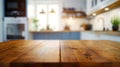 Generative AI Wooden table top view for product montage over blurred kitchen interior background business concept. Royalty Free Stock Photo