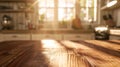 Generative AI Wooden texture table top on blurred kitchen window background business concept. Royalty Free Stock Photo