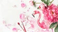 Generative AI Workspace Pink flamingo painted with watercolor paintbrush and pink peonies isolated on white backgr