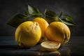 Generative AI. Yellow ripe lemons on a dark background. Juicy lemons close-up