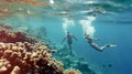 Generative AI Young couple snorkeling in clean water over coral reef business concept. Royalty Free Stock Photo