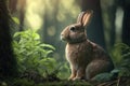 Generative AI, young gray rabbit in the spring in the forest. Animal illustration