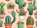 generative Collection of cute cartoon cactus in flowerpot,generative ai