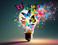 Generative Creative idea , with butterflies emerging from light bulb. Generative AI illustration