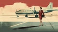 Generative A.I. illustration of a woman walking from an airplane on the tarmac, 60\'s style, copy space, aviation theme