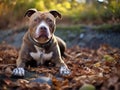 Generative IA illustration of Pitbull sitting by Bright day outside