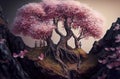 Generative illustration of three very small man climbing a miniature sakura cherry blossom tree