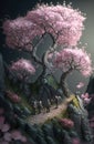 Generative illustration of three very small man climbing a miniature sakura cherry blossom tree