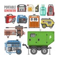 Generator vector power generating portable diesel fuel energy industrial electrical engine equipment illustration set of