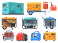 Generators machines. Electric power generator diesel gas fuel engine for generating electrical energy, emergency