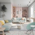 Generattive ai ilustrations, living room design, in color pastel