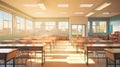 Generic classroom of elementary or middle school, offline studying, 3d rendering. Digital illustration of a high school class in