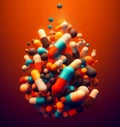 generic colourful capsules pills medicines prescriptions and supplements on dark orange background