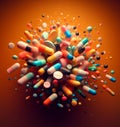 generic colourful capsules pills medicines prescriptions and supplements on dark orange background