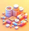 generic colourful capsules pills medicines prescriptions and supplements on dark orange background