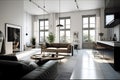 Generic contemporary photorealistic white living room interior with three large windows, neural network generated image