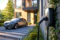 Generic electric vehicle EV hybrid car is being charged from a wallbox