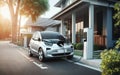 Generic electric vehicle EV hybrid car is being charged from a wallbox near a contemporary modern residential building