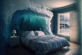 generic empty bedroom with white double bed with ocean wave is about to cover it, neural network generated art