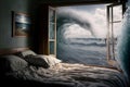 generic empty bedroom with white double bed with ocean wave is about to cover it, neural network generated art