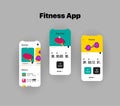 Generic and fictional user interface for fitness application with different workouts 3d isometric illustrations and timer with