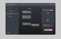 Generic and fictional web or tablet application interface for calendar with schedule meetings in dark mode with menu and company