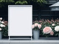 A generic flower or roses store display welcome window with a mockup of a blank, clean signboard seen from the street.