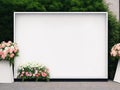 A generic flower or roses store display welcome window with a mockup of a blank, clean signboard seen from the street.