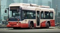 A generic futuristic bus is driving down a street in an urban setting, AI