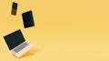 A generic laptop, tablet and phone floating on yellow backdrop, 3d rendering. Digital devices, synchronization and modern
