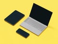 A generic laptop, tablet and phone on yellow backdrop, 3d rendering. Digital devices, synchronization and modern technologies