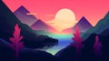 generic low-fi synthvawe gradient sunset landscape in neon colors, neural network generated image