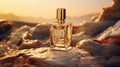 eneric luxury gold perfume mockup glass bottle with golden chrome and marbled glass body with on rock display