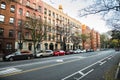 Generic manhattan uptown Upper West Side street with buildings in New York City. Royalty Free Stock Photo