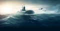Generic military nuclear submarine floating in the middle of the ocean with
