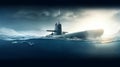 Generic military nuclear submarine floating in the middle of the ocean with a