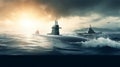 Generic military nuclear submarine floating in the middle of the ocean with