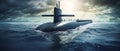 Generic military nuclear submarine floating in the middle of sea