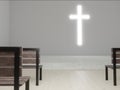 Generic modern church 3d rendering, large glowing christian cross above empty scene.