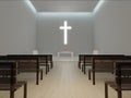 Generic modern church interior 3d rendering, large glowing christian cross.