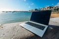 Generic notebook laptop on sunny deserted sandy beach background