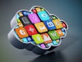 Generic smartphone apps inside cloud shape. 3D illustration