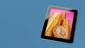 Generic Tablet showing stacks of golden Bitcoins