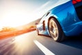 A generic and unbranded blue sport car running in the sunset, ai generative illustration Royalty Free Stock Photo