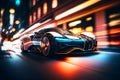 Generic and unbranded futuristic sport car run in a big city by night with light trails, generative ai illustration